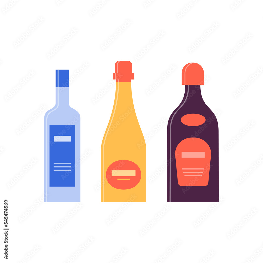 Bottle of vodka, champagne, liquor great design for any purposes. Icon bottle with cap and label. Flat style. Color form. Party drink concept. Simple image shape Bottle of vodka, champagne, liquor great design for any purposes. Icon bottle with cap and label. Flat style. Color form. Party drink concept. Simple image shape
