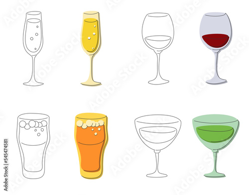 Champagne red wine beer vermouth glass on white background. Cartoon sketch graphic design. Flat style. Colored hand drawn image. Party drink concept for restaurant, cafe, party. Freehand drawing