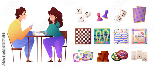 Miniature games. Cartoon collective board games for family recreation and friends party, dice gambling and strategy cardboard games. Vector isolated set of board to playing illustration