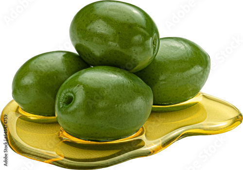 Green olives with extra virgin oil spot isolated 