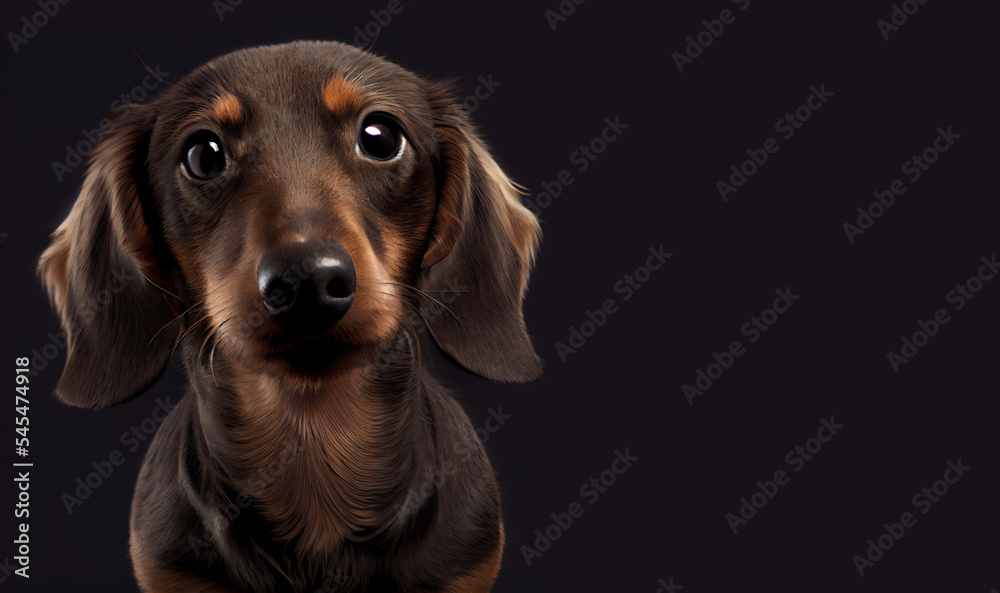 Picture of cute dachshound puppy dog  on dark background, space for text. Portrait of a dachshund dog. Cute dog  animal illustration. Digital art