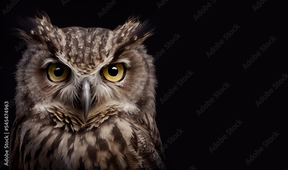 Fototapeta premium Cute wild owl on black background, space for text. Portrait of a owl. Digital art