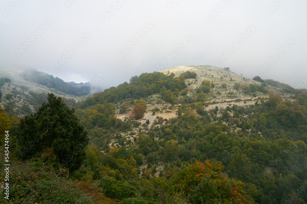 Monte Semprevisa on a foggy autumn day, Monti Lepini Natural Regional Park, Italy
