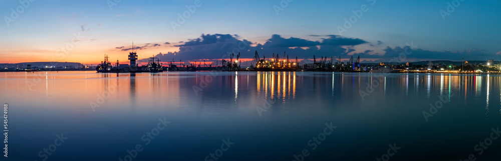Amazing panorama of port Varna city in blue hour