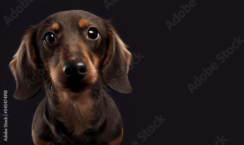 Picture of cute dachshound puppy dog  on dark background, space for text. Portrait of a dachshund dog. Cute dog  animal illustration. Digital art © Katynn