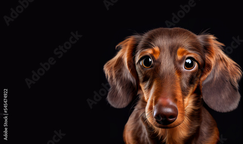 Picture of cute dachshound puppy dog on dark background, space for text. Portrait of a dachshund dog. Cute dog animal illustration. Digital art