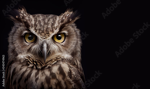 Cute wild owl  on black background, space for text. Portrait of a owl.  Digital art