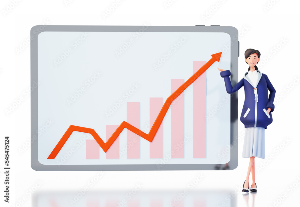 Successful business woman stays next to tablet and demonstrate information on the screen. Happy office workers 3D rendering illustration Successful business woman stays next to tablet and demonstrate information on the screen. Happy office workers 3D rendering illustration