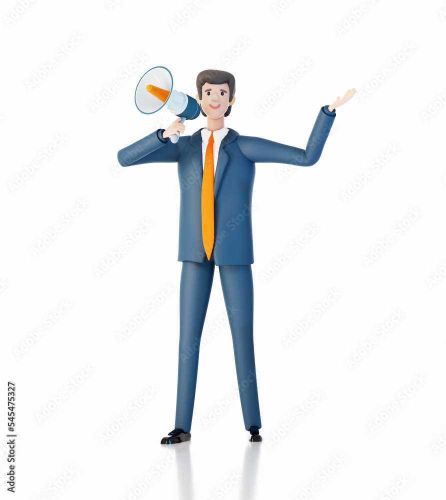 Successful, confident businessman with megaphone. Happy office workers 3D rendering illustration Successful, confident businessman with megaphone. Happy office workers 3D rendering illustration
