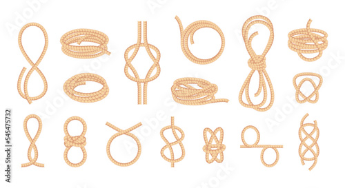 Knotted ropes. Looped bowknot twisted curve straight fiber thread, braided cord knot string tie elements cartoon flat style. Vector isolated collection of bowknot jute texture illustration