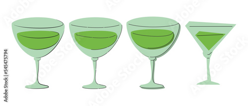 Vermouth glass on white background. Cartoon sketch graphic design. Doodle style. Colored hand drawn image. Party drink concept for restaurant, cafe, party. Freehand drawing style