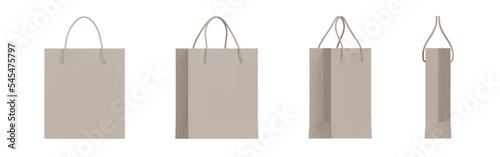 Set of 3d beige paper shopping bags packaging with different angles. Front and side view of retail purchase packaging, blank mockup. Realistic vector illustration isolated
