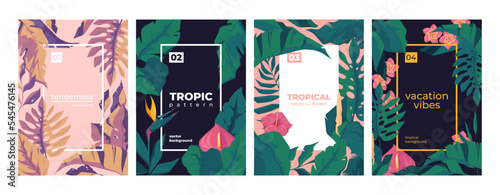 Exotic wedding invitation. Tropical botanical decorative save the date posters, vintage floral romantic anniversary celebration card design. Vector collection of botanical card wedding illustration