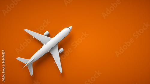 Realistic 3D rendering airplane. Aircraft on orange background, top view.