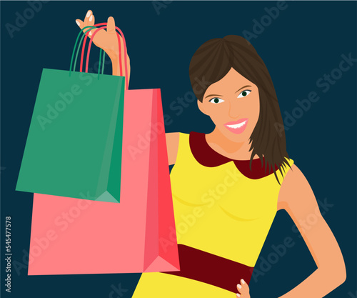 Print 
Girl with colorful shopping bags on a blue background