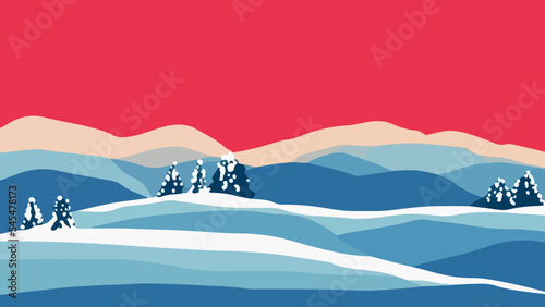 Fototapeta Naklejka Na Ścianę i Meble -  Minimalist retro panorama, hills landscape covered with snow, vector quality