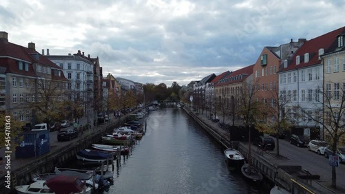 Drone shot moving forward above a canal in Copenhaguen city