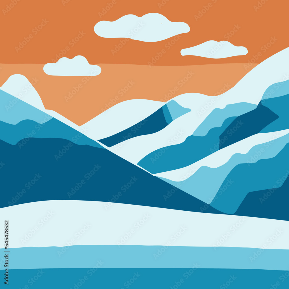 Minimalist retro panorama, vector hills landscape covered with snow