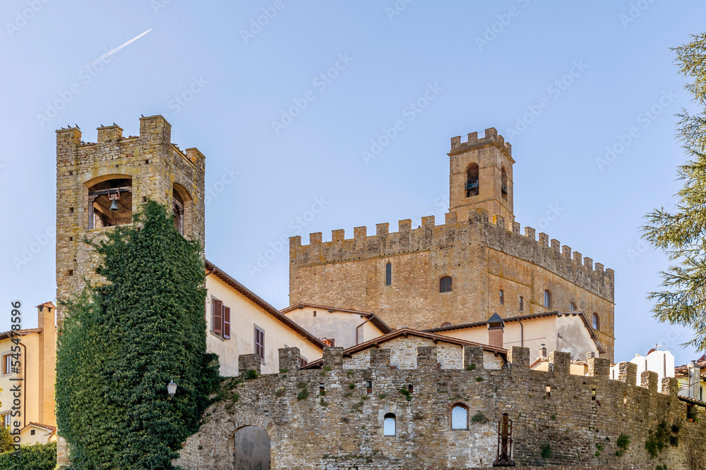 The historic center of Poppi, Arezzo, Italy, dominated by the Conti Guidi castle