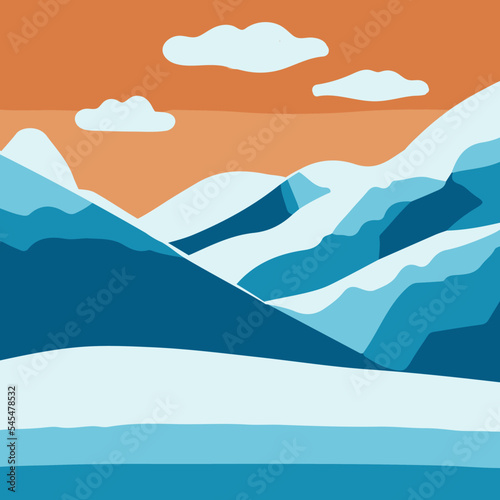 Minimalist retro panorama  vector hills landscape covered with snow