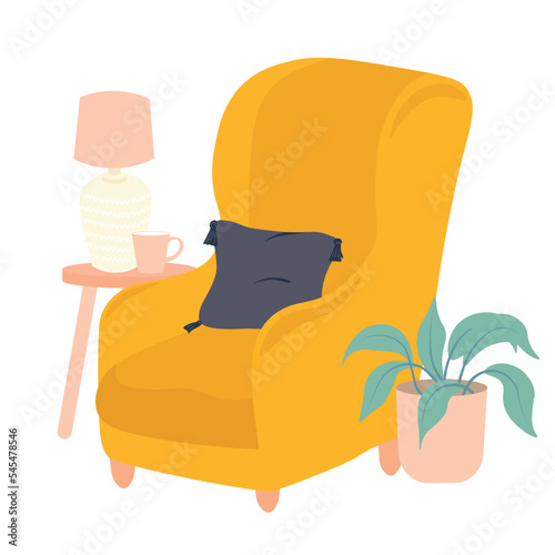 Modern armchair with decorative pillow. Cozy modern comfortable furniture in hygge style. Vector stock illustration. Isolated on a white background.