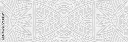 Vintage banner, cover design. Embossed geometric 3d pattern on a white background, paper press, boho style, doodle and zentangle technique. Tribal ethnicity, trendy ornaments for decor and design.