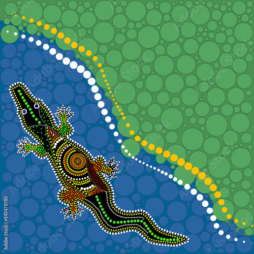 Landscape with crocodile in decorative ethnic style. Australia aboriginal traditional culture art style of dot. Scenery with alligator, river and grass. Aboriginal tribal art craft.Vector illustration
