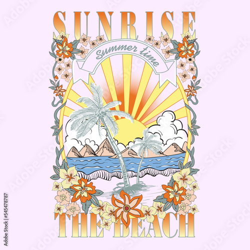 summer time sunrise the beach, tropical sunrise. surf and beach. vintage beach print. tee graphic design, 