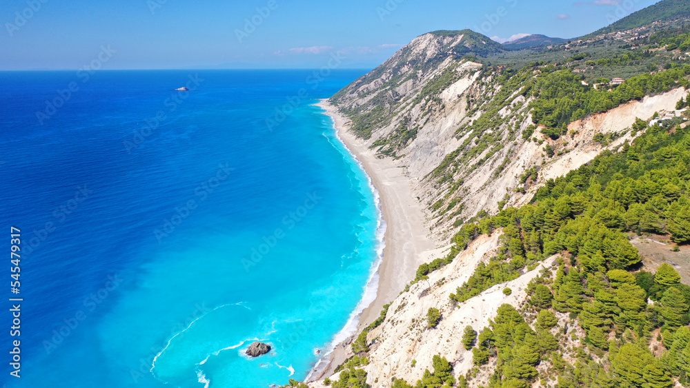 Aerial drone photo of famous paradise beach of Egremni white steep rocky hills overlooking deep turquoise Ionian sea, Lefkada island Aerial drone photo of famous paradise beach of Egremni white steep rocky hills overlooking deep turquoise Ionian sea, Lefkada island