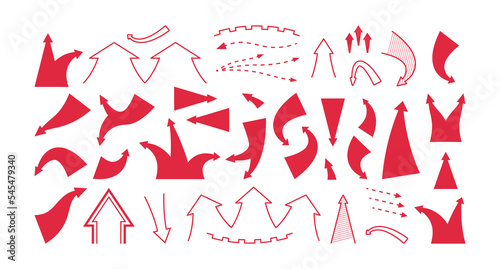Infographic war map pointer. Attack arrow icons flat simple style, abstract stripes direction symbols target cursor buttons. Vector isolated collection of strength graphic war arrow illustration