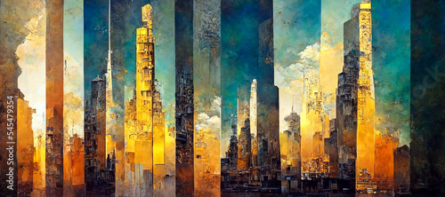 Abstract painting concept. Colorful art in golden tones with skyscrapers. Cityscape. Digital art image.