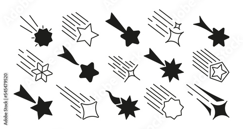Shooting star icons. Abstract falling symbols with sparkle trail, set of comet meteorite silhouettes different shapes simple design. Vector isolated collection of star symbol shooting illustration
