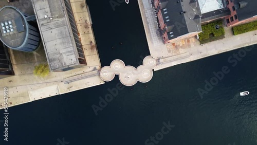 drone shot top down view goes down turn movement above a bridge in Copenhaguen