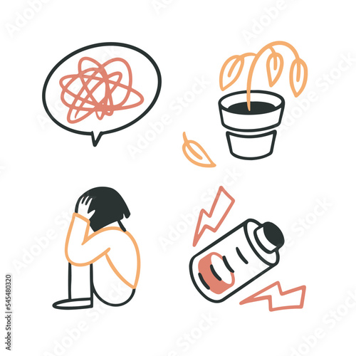Set of vector stickers about sadness, depression, stress, hopelessness. Bubble with confused thoughts, withering plant, sad girl, low battery. Vector doodle cartoon outline style icon.