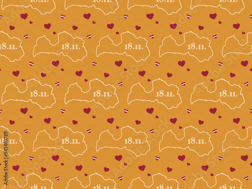 Seamless pattern of Republic of Latvia outline map with red hearts and Latvian flag hearts on golden background with stars