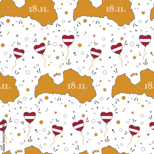Festive seamless pattern of Republic of Latvia golden map with Latvian flag heart baloons, stars adn random elements on white background