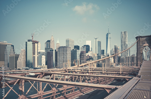 Fototapeta Naklejka Na Ścianę i Meble -  Retro toned picture of New York cityscape seen from the Brooklyn Bridge, USA.