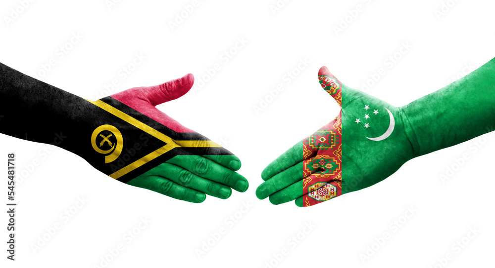 Handshake between Turkmenistan and Vanuatu flags painted on hands, isolated transparent image.