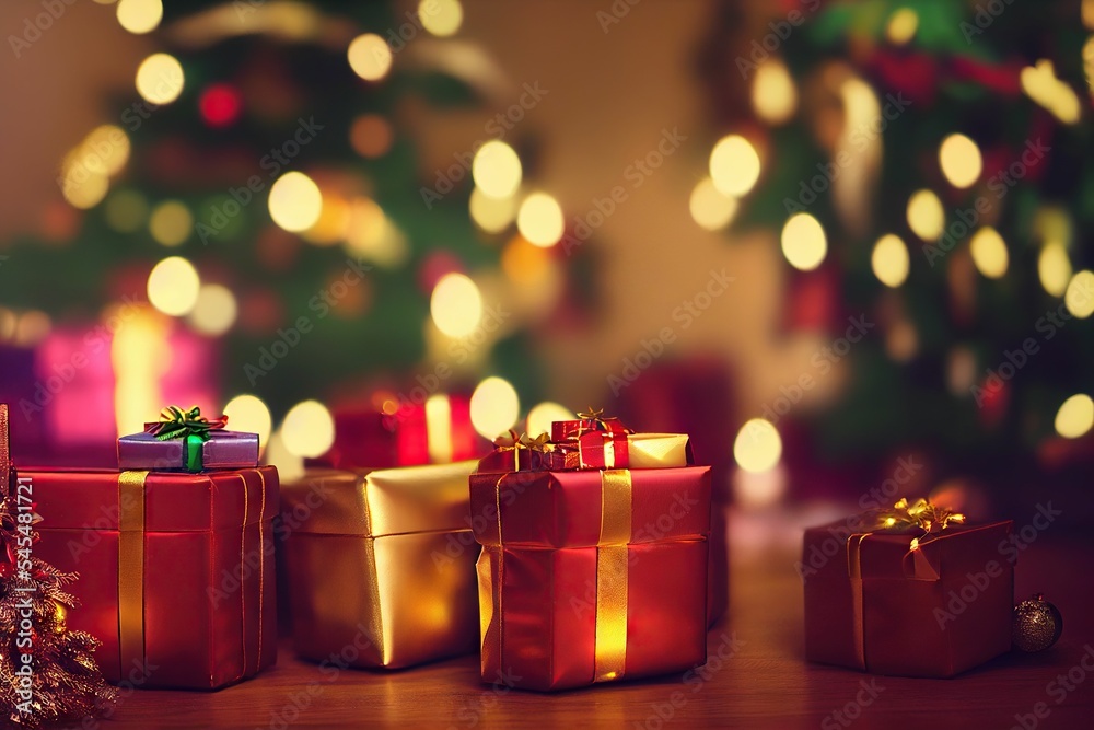 Christmas Background Graphic with Colorful Bokeh Lights and Presents Christmas Background Graphic with Colorful Bokeh Lights and Presents