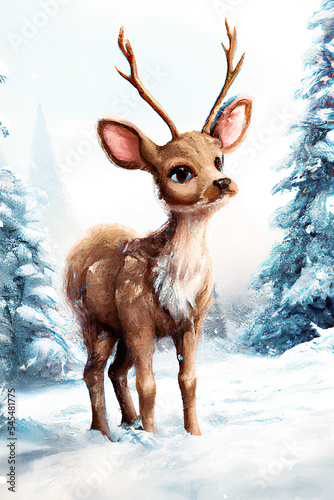 Young cute reindeer in the winter forest.