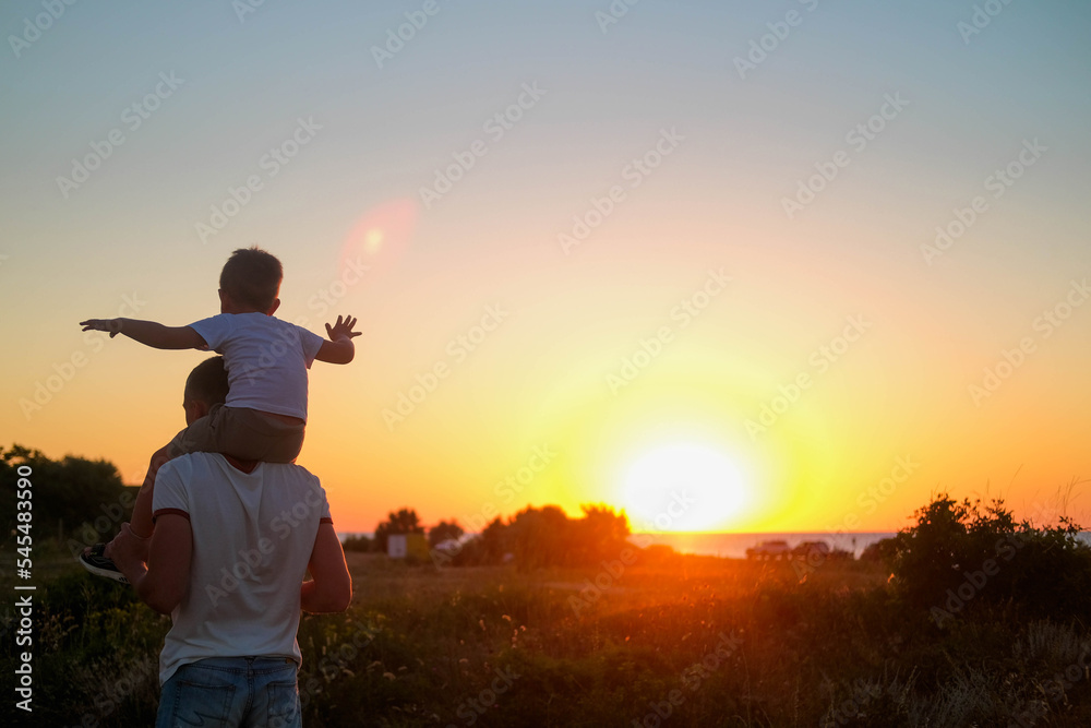 Dad carries a little son on his shoulders walking across the field against the backdrop of a sunset in the sky, back view