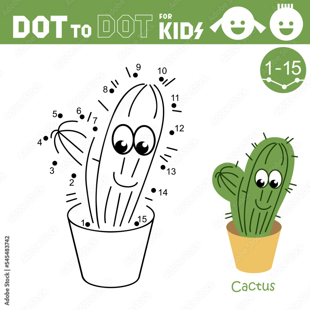 Cactus. Dot to dot game for kids. Connect the numbers and drawing houseplant. Coloring. Book. Puzzle activity worksheet. Sketch vector illustration.
