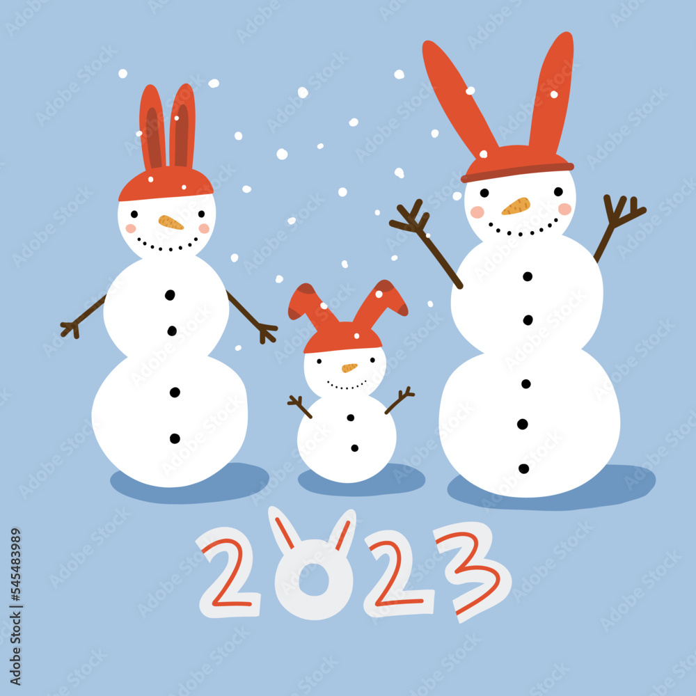 Three cute snowmen in bunny ears hats. New Year and Christmas card by 2023. Merry family of snowmen. Vector illustration.