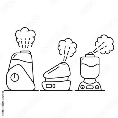 Icon of a humidifier set. Household or office equipment.Humidifier with steam jet.Outline ionizer humidifier.Electronic devices outline collection. Air cleaner.Air purifier.Vector illustration.