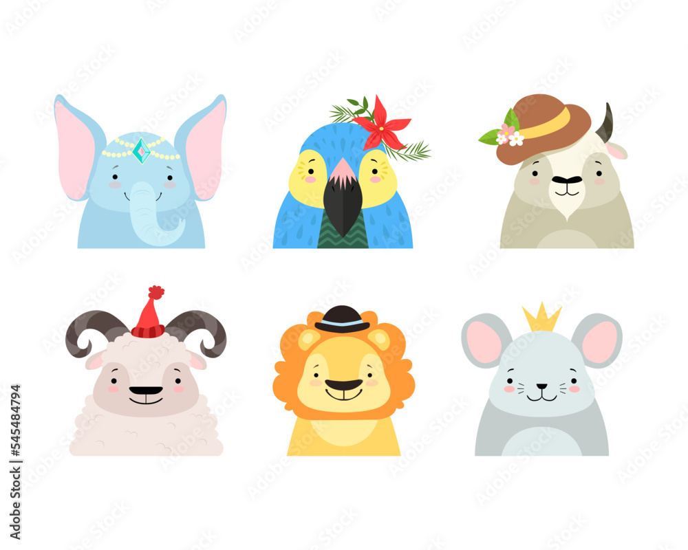 Naklejka premium Cute Baby Animals with Smiling Snouts Wearing Headdress Vector Set