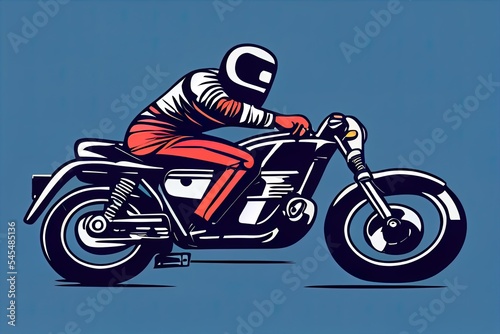 Canvastavla a man riding a motorcycle on a blue background with a helmet on it's head and a helmet on his hand