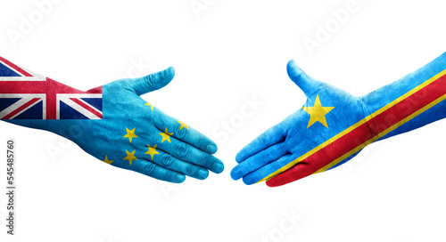 Handshake between Tuvalu and Dr Congo flags painted on hands, isolated transparent image.