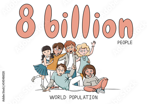 8 billion people banner. World population day. Illustration in cartoon doodle style.