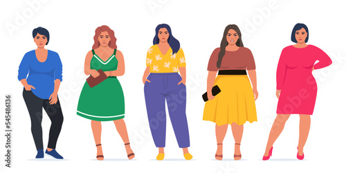 Body positive people. Plus size female characters, attractive curvy, overweight group. Oversize obesity, pretty large lady. women plus size in beautiful fashionable clothes. Vector illustrations.