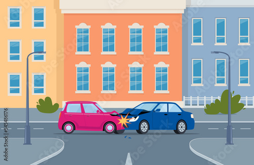 Car accident. Damaged transport on city street. Collision of two cars, side view. Road collisition. Damaged transport. Collision on road, safety of driving personal vehicles, car insurance. Vector.
